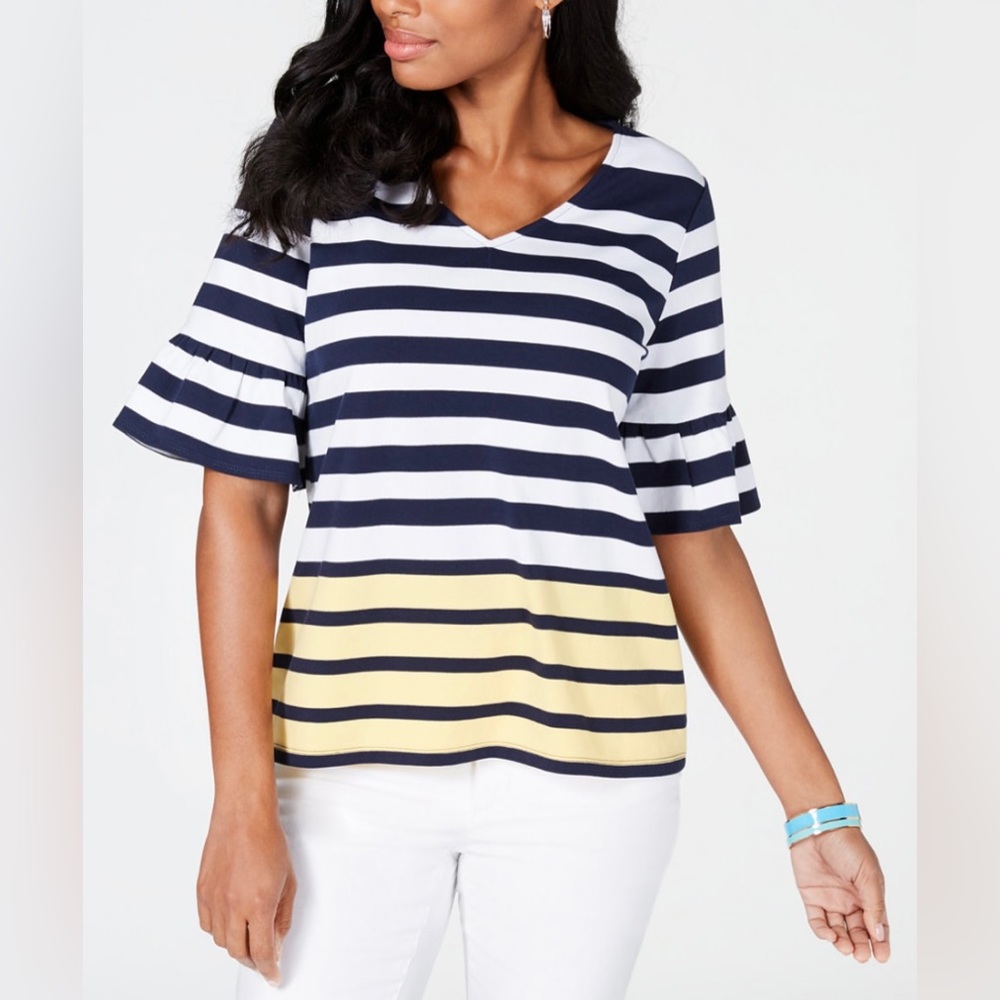 Charter Club V-Neck Navy, Yellow & White stripe top with short bell sleeves - XL